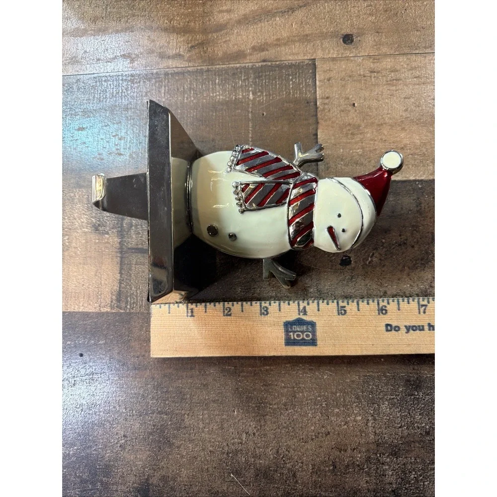 Vtg Metal Enamel Christmas Stocking Holders Lot of 3 Jeweled Tree Snowman Mantel